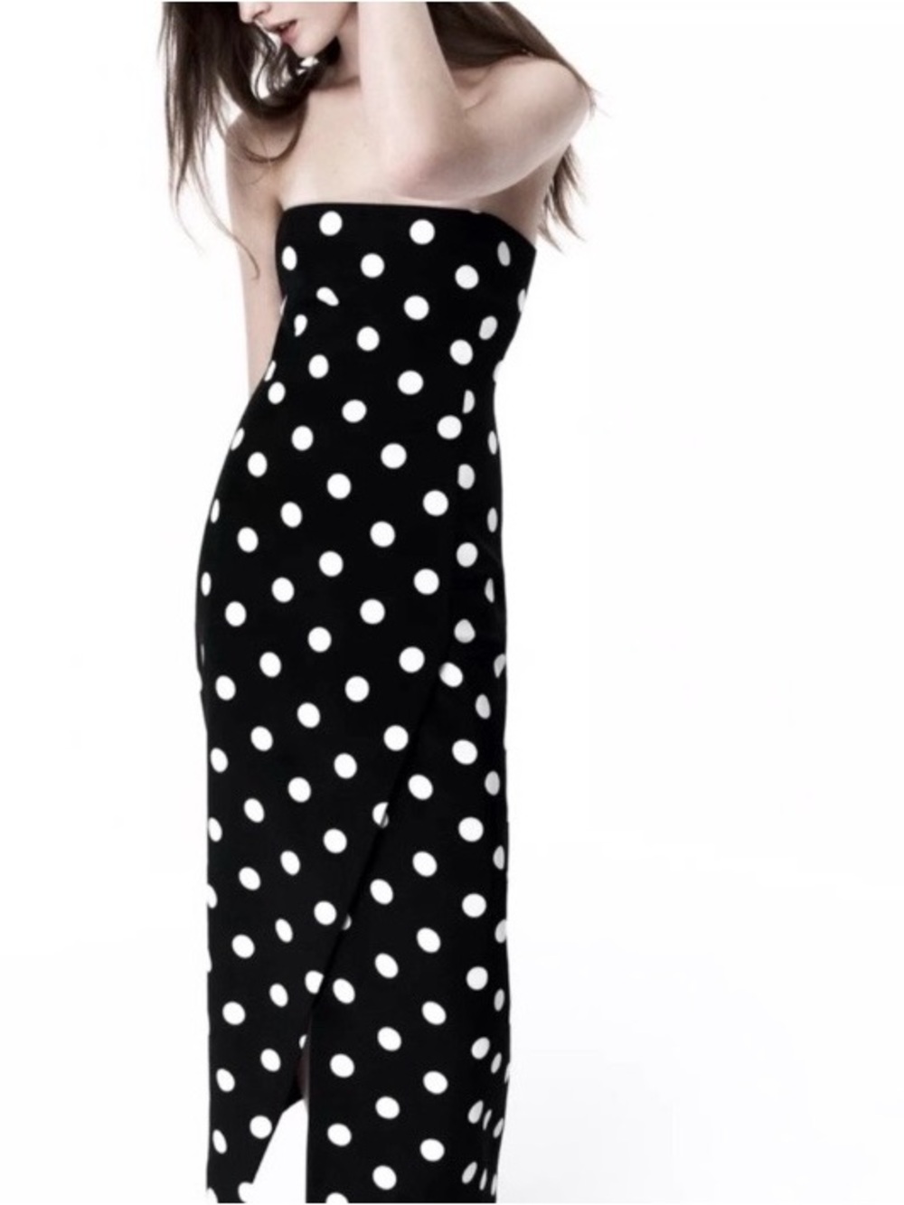 Zara Black and White Polka Dot Strapless Midi Dress